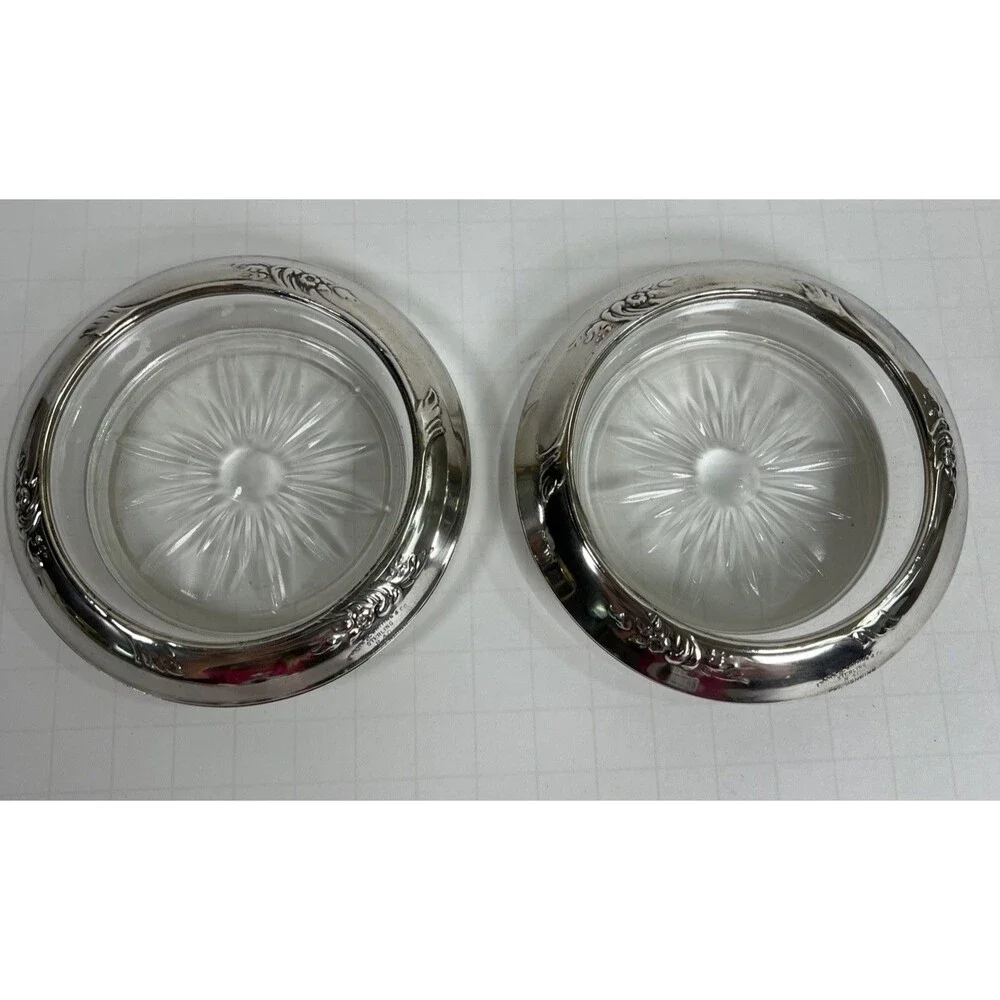 2 Vintage Frank M Whiting & Co Sterling Silver & Cut Glass Coasters Starburst